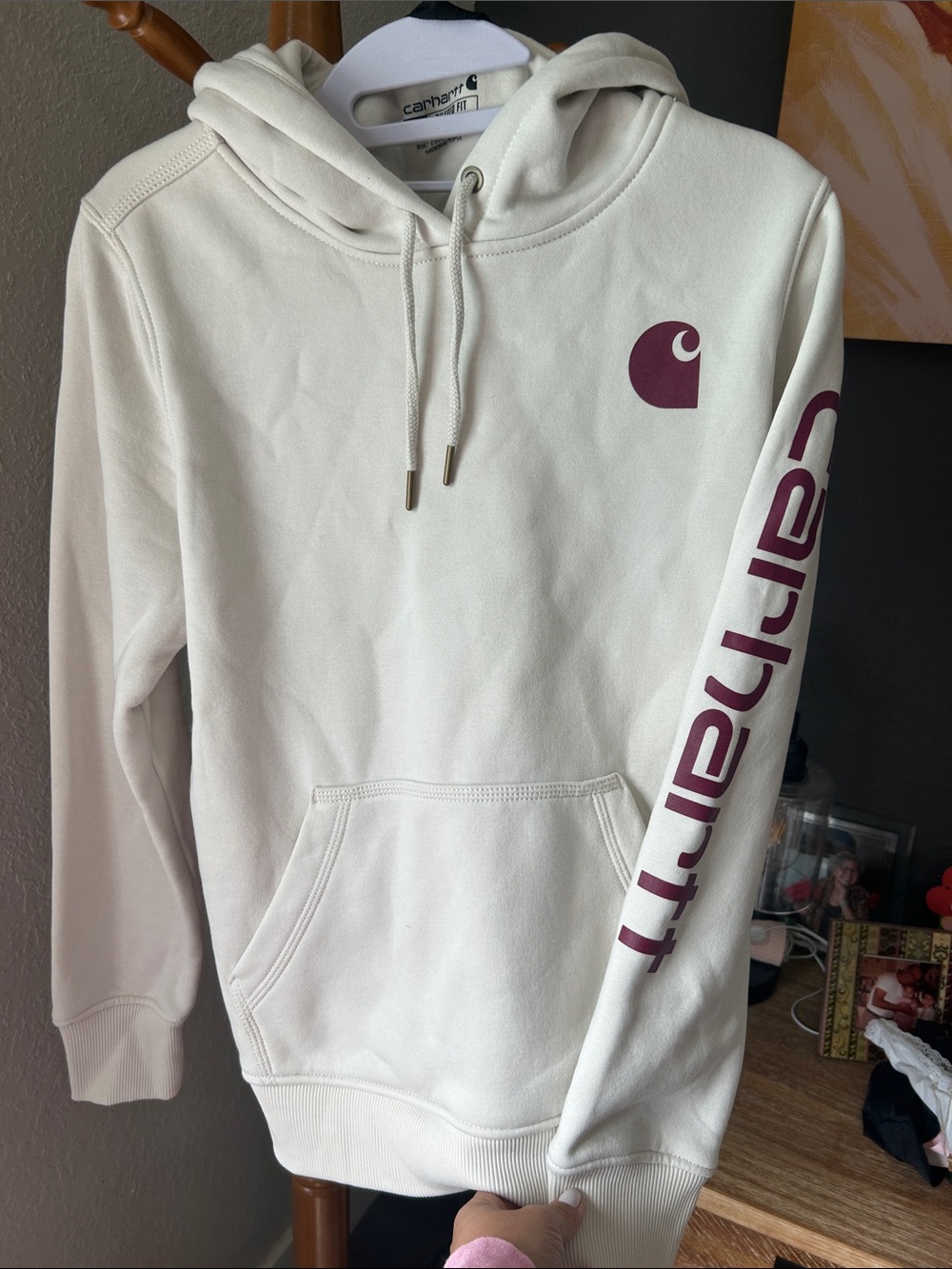 Carhartt Women’s hoodie. Off-white with burgundy logo. So soft and cozy.